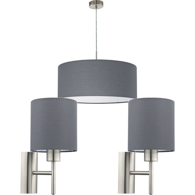 Loops Ceiling Pendant Light & 2x Matching Wall Lights Satin Nickel Grey Fabric Shade in Metallics - image 1