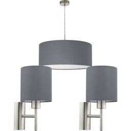 Loops Ceiling Pendant Light & 2x Matching Wall Lights Satin Nickel Grey Fabric Shade in Metallics - thumbnail 1