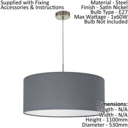 Loops Ceiling Pendant Light & 2x Matching Wall Lights Satin Nickel Grey Fabric Shade in Metallics - thumbnail 2