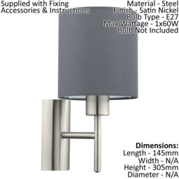 Loops Ceiling Pendant Light & 2x Matching Wall Lights Satin Nickel Grey Fabric Shade in Metallics - thumbnail 3