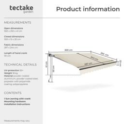 tectake Retractable Awning Ornella in Beige - Size: 300 cm x 250 cm - thumbnail 6