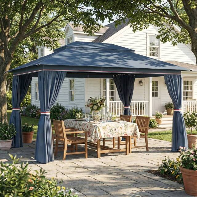 OUTSUNNY 3 x 4 m Outdoor Garden Gazebo with UPF50+ Double Roof, Dark Blue - Size: 4m x 3m - image 1