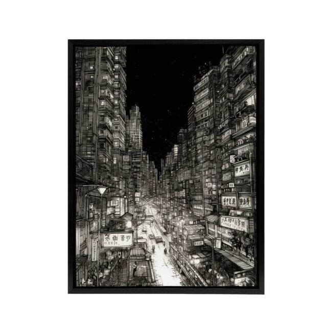 "Artery8 Tokyo At Night Japan Cityscape Sketch Framed Canvas Wall Art Print in Black - Size: W12"" x H16""" - image 1