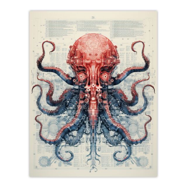 Artery8 Red Octopus Robot Hybrid Secret Military Schematic Blueprint Futuristic Complex Arcane Manuscript Gift For Him Man Cave Unframed Wall Art - image 1