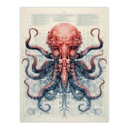 Artery8 Red Octopus Robot Hybrid Secret Military Schematic Blueprint Futuristic Complex Arcane Manuscript Gift For Him Man Cave Unframed Wall Art - thumbnail 1