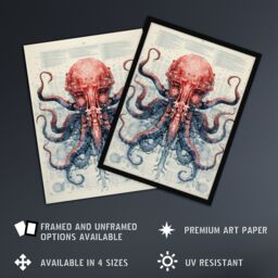Artery8 Red Octopus Robot Hybrid Secret Military Schematic Blueprint Futuristic Complex Arcane Manuscript Gift For Him Man Cave Unframed Wall Art - thumbnail 2