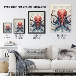 Artery8 Red Octopus Robot Hybrid Secret Military Schematic Blueprint Futuristic Complex Arcane Manuscript Gift For Him Man Cave Unframed Wall Art - thumbnail 3