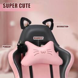 NESTLUNE Pink&Black Gaming Chair with Cat Ears Height Adjustable in Black - Size: 100 cm x 100 cm - thumbnail 6