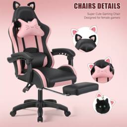NESTLUNE Pink&Black Gaming Chair with Cat Ears Height Adjustable in Black - Size: 100 cm x 100 cm - thumbnail 3