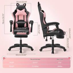 NESTLUNE Pink&Black Gaming Chair with Cat Ears Height Adjustable in Black - Size: 100 cm x 100 cm - thumbnail 2