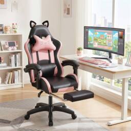 NESTLUNE Pink&Black Gaming Chair with Cat Ears Height Adjustable in Black - Size: 100 cm x 100 cm - thumbnail 5