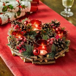 mysmartbuy Festive Candleholder Centrepiece with 4 LED Candles Frosted Christmas in Red
