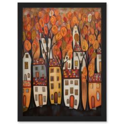 Artery8 Cityscape With Trees In Autumn Contemporary Folk Art Painting Artwork Framed Wall Art Print A4 in Black - thumbnail 1