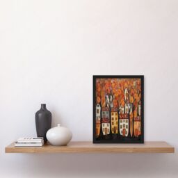 Artery8 Cityscape With Trees In Autumn Contemporary Folk Art Painting Artwork Framed Wall Art Print A4 in Black - thumbnail 2
