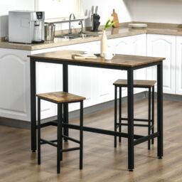 HOMCOM 3 Piece Industrial Bar Table Set Breakfast Table with 2 Stools in Brown - thumbnail 1