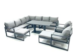 Fimous 11 Seater Outdoor Aluminum Garden Furniture Set Corner Sofa 2 Chair 2 Big Footstools Adjustable Rising Lifting Dining Table Sets Dark Grey - thumbnail 1