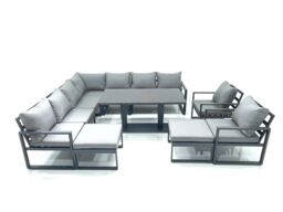 Fimous 11 Seater Outdoor Aluminum Garden Furniture Set Corner Sofa 2 Chair 2 Big Footstools Adjustable Rising Lifting Dining Table Sets Dark Grey - thumbnail 2