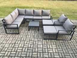 Fimous 10 Seater Outdoor Lounge Corner Sofa Set Aluminum Garden Furniture Sets with Square Coffee Table 2 Chairs 2 Big Footstool Dark Grey - thumbnail 1