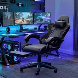 Gartistgo Ergonomic Gaming Chair with Lumbar Cushion & Footrest in Black - thumbnail 6