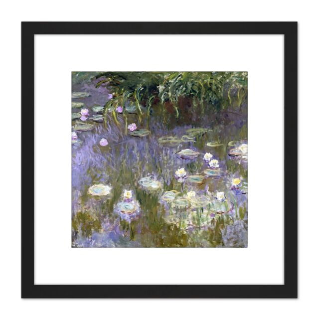 Artery8 Claude Monet Water Lilies Painting 8X8 Inch Square Wooden Framed Wall Art Print Picture with Mount in Black - image 1