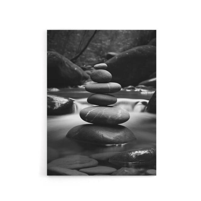 "Artery8 Zen Stones Stack In River Black White Photo Canvas Wall Art Print - Size: W18"" x H24""" - image 1