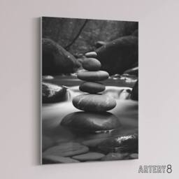 "Artery8 Zen Stones Stack In River Black White Photo Canvas Wall Art Print - Size: W18"" x H24""" - thumbnail 2