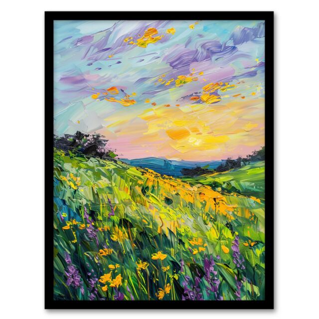 "Artery8 Lavender Daffodil Meadow Sunset Oil Painting Framed Art Print in Green - Size: W12"" x H16""" - image 1