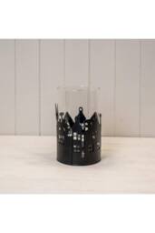 KDMD Large Black Metal House Scene Candle Holder with Glass Insert - thumbnail 1