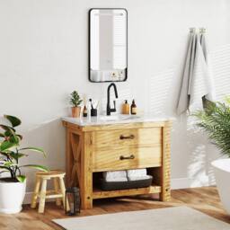 Gymax 88 x 50 cm Bathroom Mirror Aluminum Vanity Mirror With LED & Shelf in Black - thumbnail 8