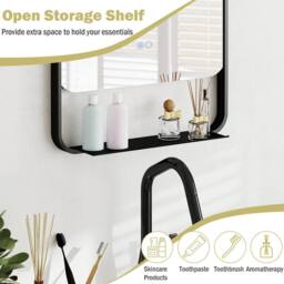 Gymax 88 x 50 cm Bathroom Mirror Aluminum Vanity Mirror With LED & Shelf in Black - thumbnail 7