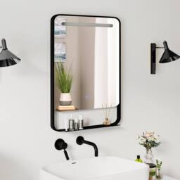 Gymax 88 x 50 cm Bathroom Mirror Aluminum Vanity Mirror With LED & Shelf in Black - thumbnail 3