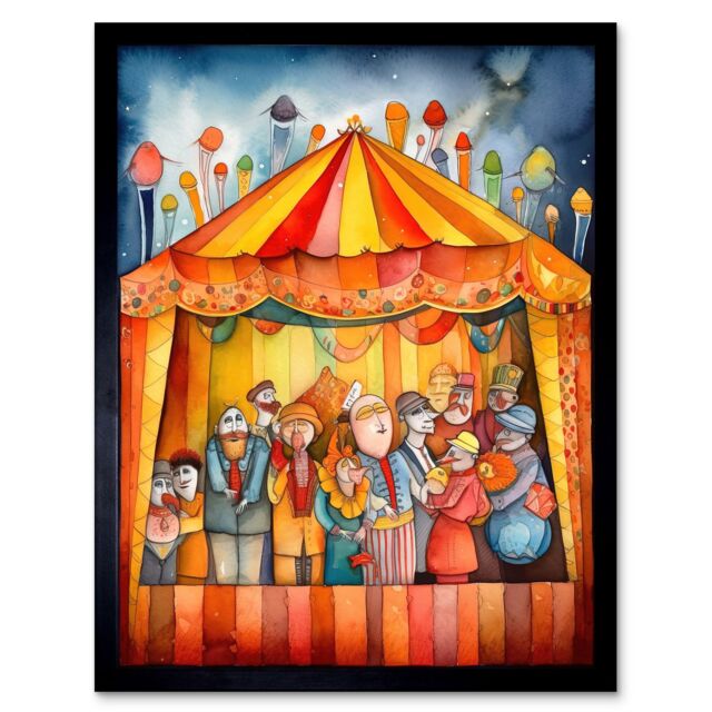 "Artery8 Wall Art Print Puppet Theatre Stage End of Show Applause Modern Folk Art Watercolour Painting Art Framed in Black - Size: W12"" x H16""" - image 1