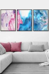 ARTZE Set of 3 Black Framed Abstract Fluid Marble in Blue & Pink Wall Art - Size: W33 cm x H45 cm x D20mm