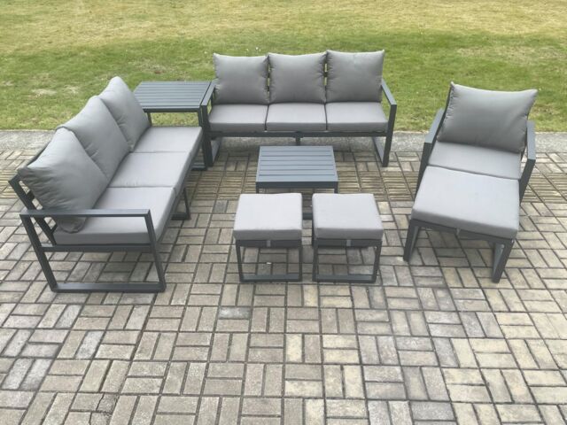 Fimous Aluminium Outdoor Lounge Sofa Set Garden Furniture Sets with Square Coffee Table Chair 3 Footstools Side Table Dark Grey - image 1