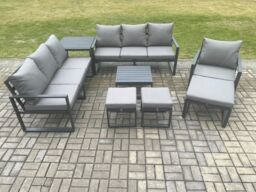Fimous Aluminium Outdoor Lounge Sofa Set Garden Furniture Sets with Square Coffee Table Chair 3 Footstools Side Table Dark Grey - thumbnail 1