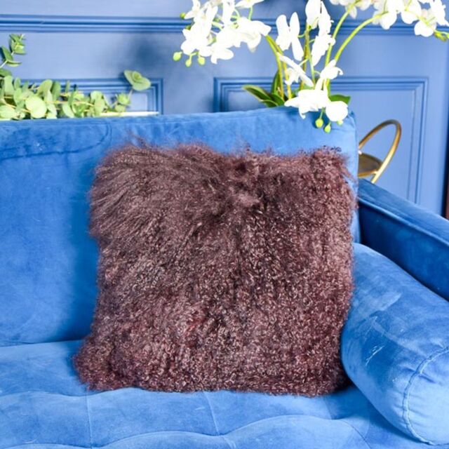 Madison & Mayfair Square Cushion Mongolian Lamb with Real Suede Aubergine - image 1