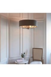 Netlighting Highclere Cylindrical Pendant Light Bright Nickel Plate Charcoal Fabric in Grey - thumbnail 2