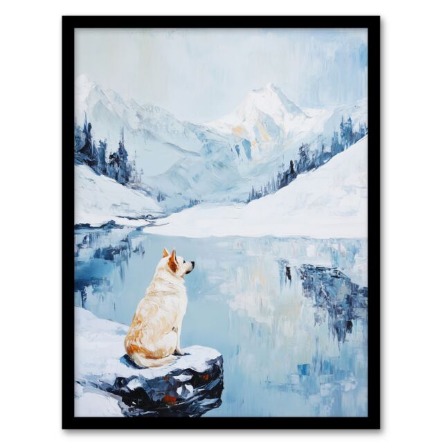 Artery8 Husky In Snowy Mountain Lake Landscape Dog Lover Framed Art Print in Blue - Size: A4 - image 1