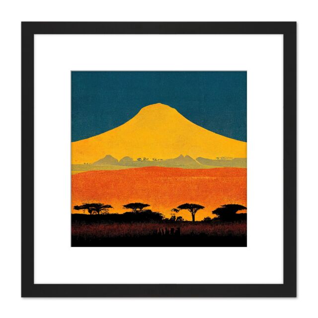 Artery8 Mount Kilimanjaro Savanna Tanzania Africa Retro Landscape Mountain Yellow Blue Orange Square Wooden Framed Wall Art Print Picture 8X8 Inch - image 1