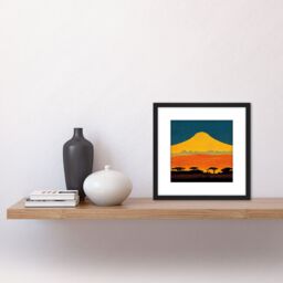 Artery8 Mount Kilimanjaro Savanna Tanzania Africa Retro Landscape Mountain Yellow Blue Orange Square Wooden Framed Wall Art Print Picture 8X8 Inch - thumbnail 2