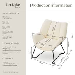 tectake Armchair Kjeld 1 - Cream-White in Cream - Size: 1 Pack - thumbnail 6