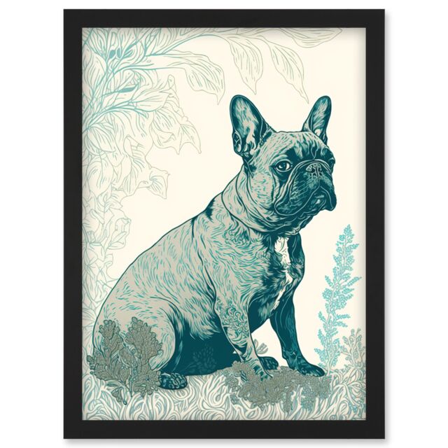 Artery8 French Bulldog Sitting in the Park Modern Monochrome Linocut Illustration Artwork Framed Wall Art Print A4 in Black - image 1