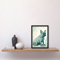 Artery8 French Bulldog Sitting in the Park Modern Monochrome Linocut Illustration Artwork Framed Wall Art Print A4 in Black - thumbnail 2