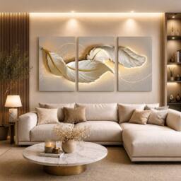 "Mafett Luxury Beige Feather Triptych Canvas Wall Art Set of 3 Modern Prints - Size: W24"" x H32"""