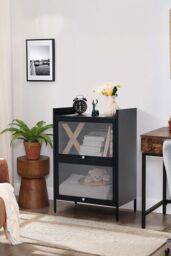 Living and Home Black Steel File Cabinet with Transparent Flip-Up Door