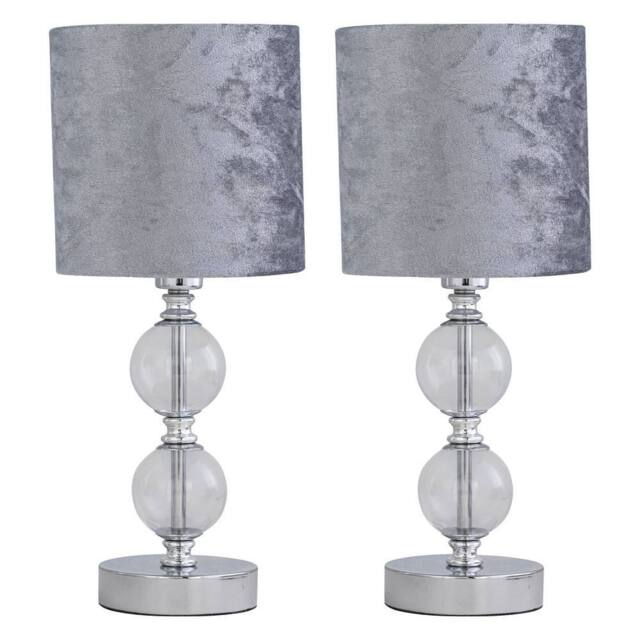 First Choice Lighting Set of 2 Chrome Two Ball Table Lamp with Grey Crushed Velvet Shades in Silver - image 1