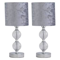 First Choice Lighting Set of 2 Chrome Two Ball Table Lamp with Grey Crushed Velvet Shades in Silver - thumbnail 1
