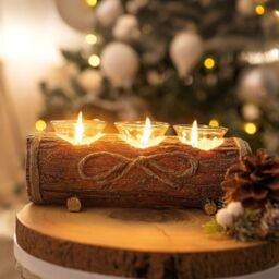 Marco Paul Rustic Christmas Log Candle Holder With 3 Stylish Glass Holders in Brown