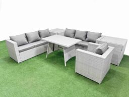 Fimous 7-seater Patio 3 Seater Sofa Armchair Set with 2 Side Tables in Light Grey - thumbnail 1