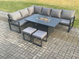 Fimous Aluminium Patio Outdoor Garden Furniture Corner Sofa Set Gas Fire Pit Dining Table with 2 Small Footstools Dark Grey - thumbnail 1
